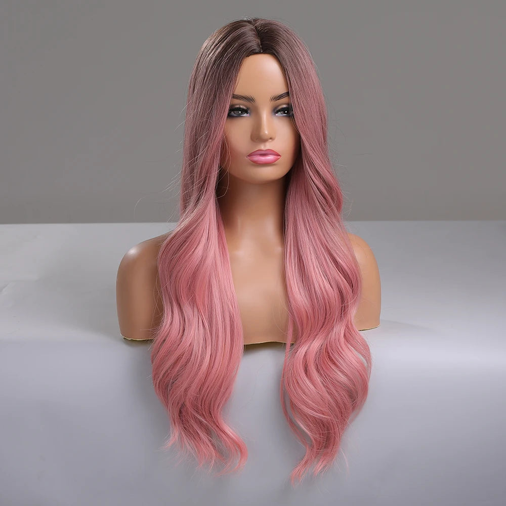 ALAN EATON Ombre Pink Synthetic Wigs Middle Part Long Body Wavy Wig for Girls Women Party Cosplay Heat Resistant Fiber Pink Wigs