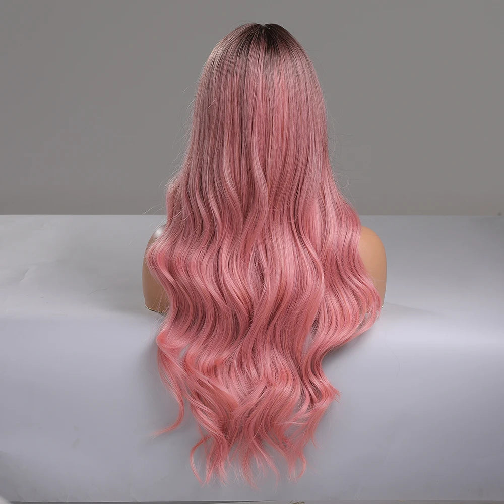 ALAN EATON Ombre Pink Synthetic Wigs Middle Part Long Body Wavy Wig for Girls Women Party Cosplay Heat Resistant Fiber Pink Wigs