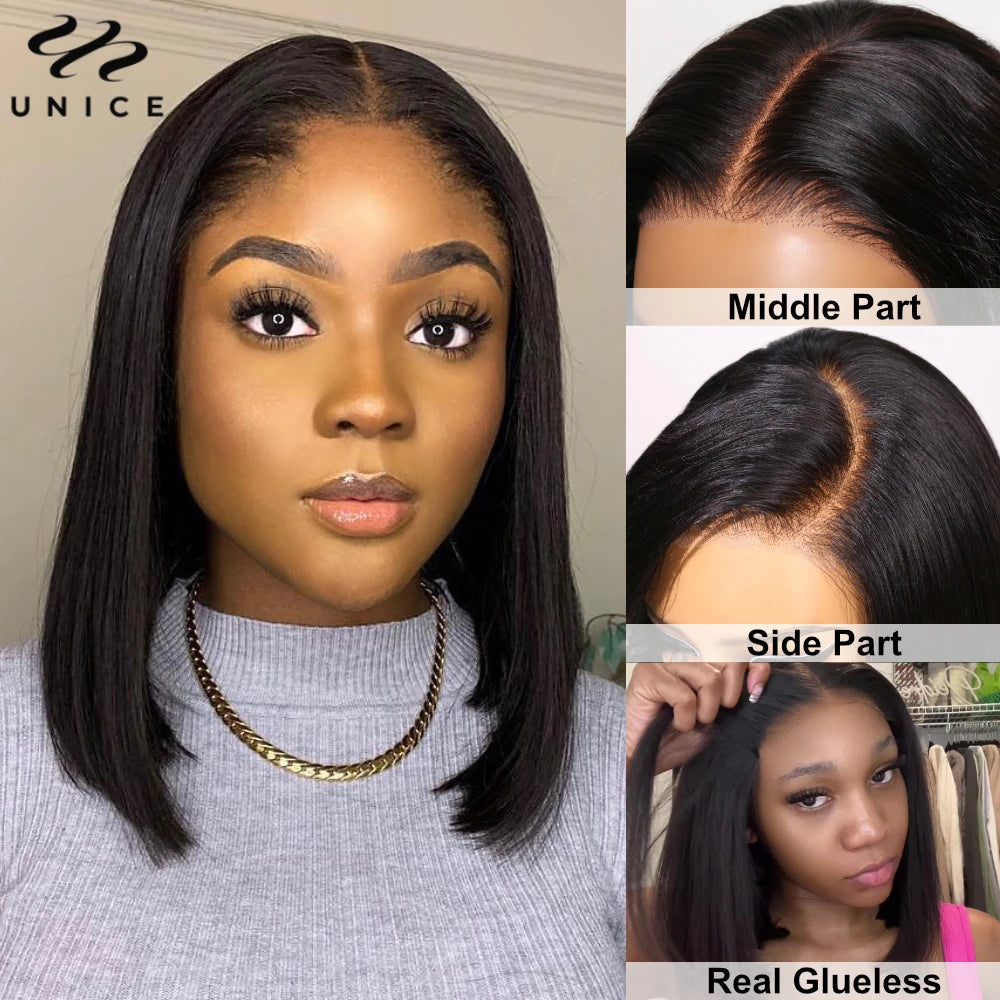 UNice Bye-Bye Knot Wig 7x5 Pre Cut Lace Closure Wig Human Hair Bob Wig Wear Go Glueless Wig Short Bob Lace Wigs for Women