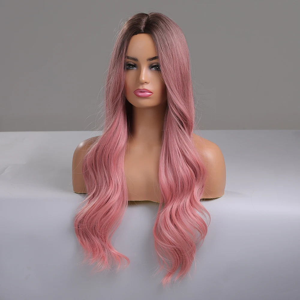 ALAN EATON Ombre Pink Synthetic Wigs Middle Part Long Body Wavy Wig for Girls Women Party Cosplay Heat Resistant Fiber Pink Wigs