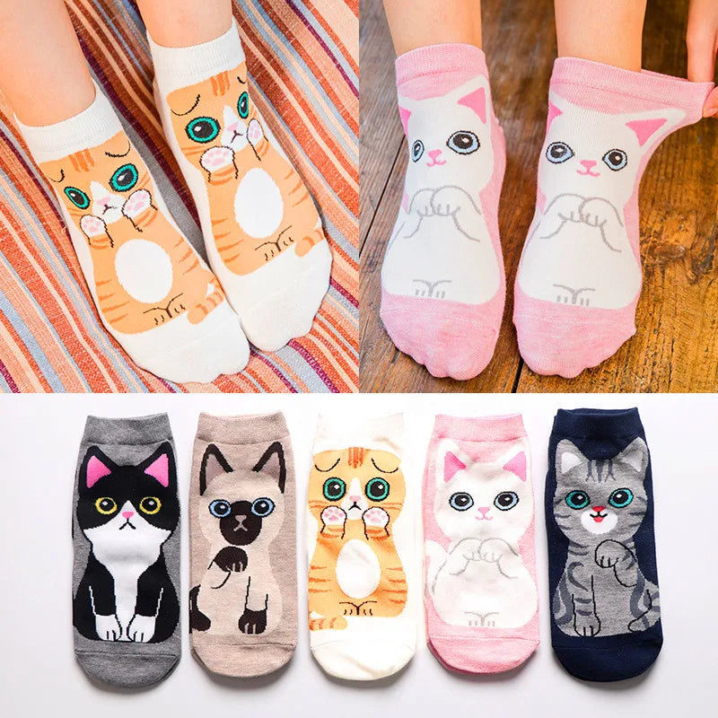 Spring And Autumn Fashion Women's Sotton Socken Funny Cartoon Animal Hello Kitten Dog Cute Girl Happy Funny Socks 5 Pairs