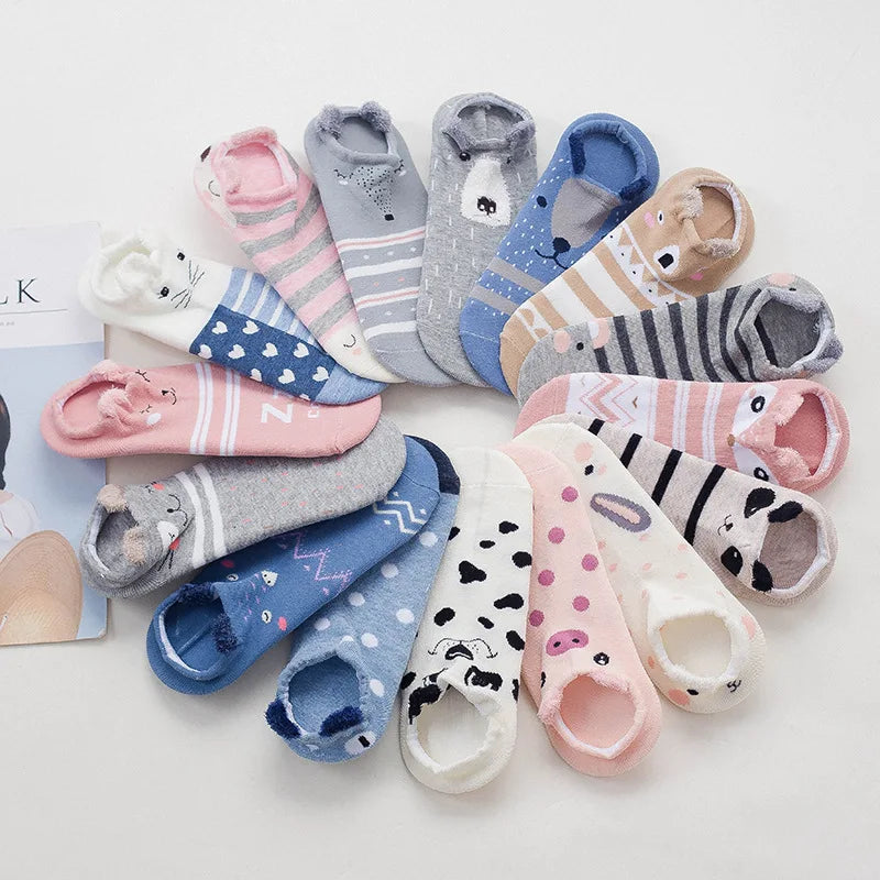 5 pairs women cotton socks stereoscopic Cute Animal Female Kawaii Cat With Dog Summer Short Socks Women Casual Soft Funny Socks