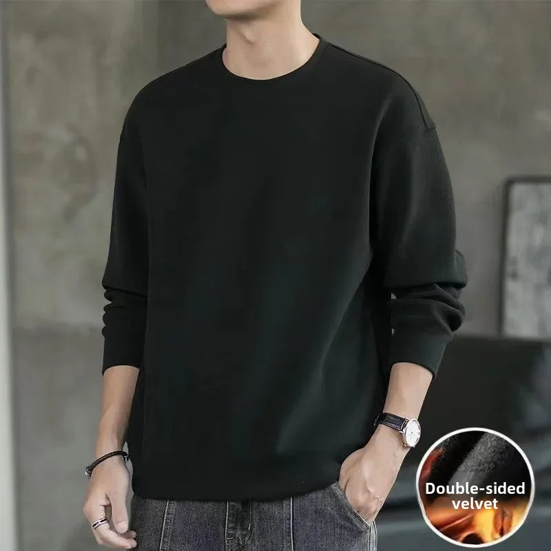 Double-sided Fleece Long Sleeve T-shirt For Men Autumn Winter New Style Round Neck Loose-fit Top Inner Warm Base Layer