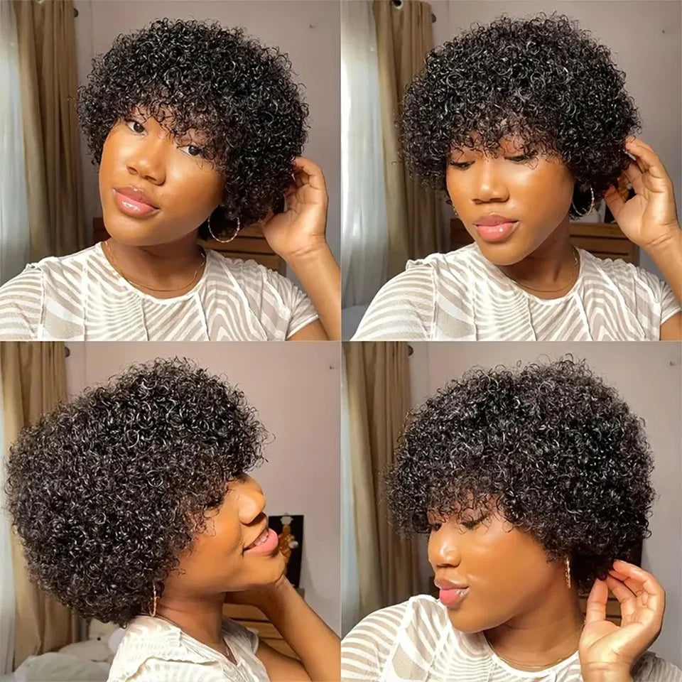 Short Curly Bob Wigs Human Hair Full Machine Made Wig Natural Black Glueless Wigs Human Hair 10 Inch Pixie Cut Short Bob Wigs