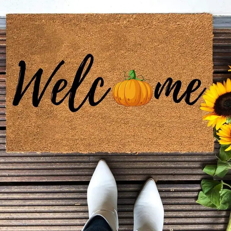 Autumn Welcome Door Mat Pumpkin Floor Mat Fall Seasonal Thanksgiving Halloween Indoor Outdoor Entrance Mat for Indoor Outdoor