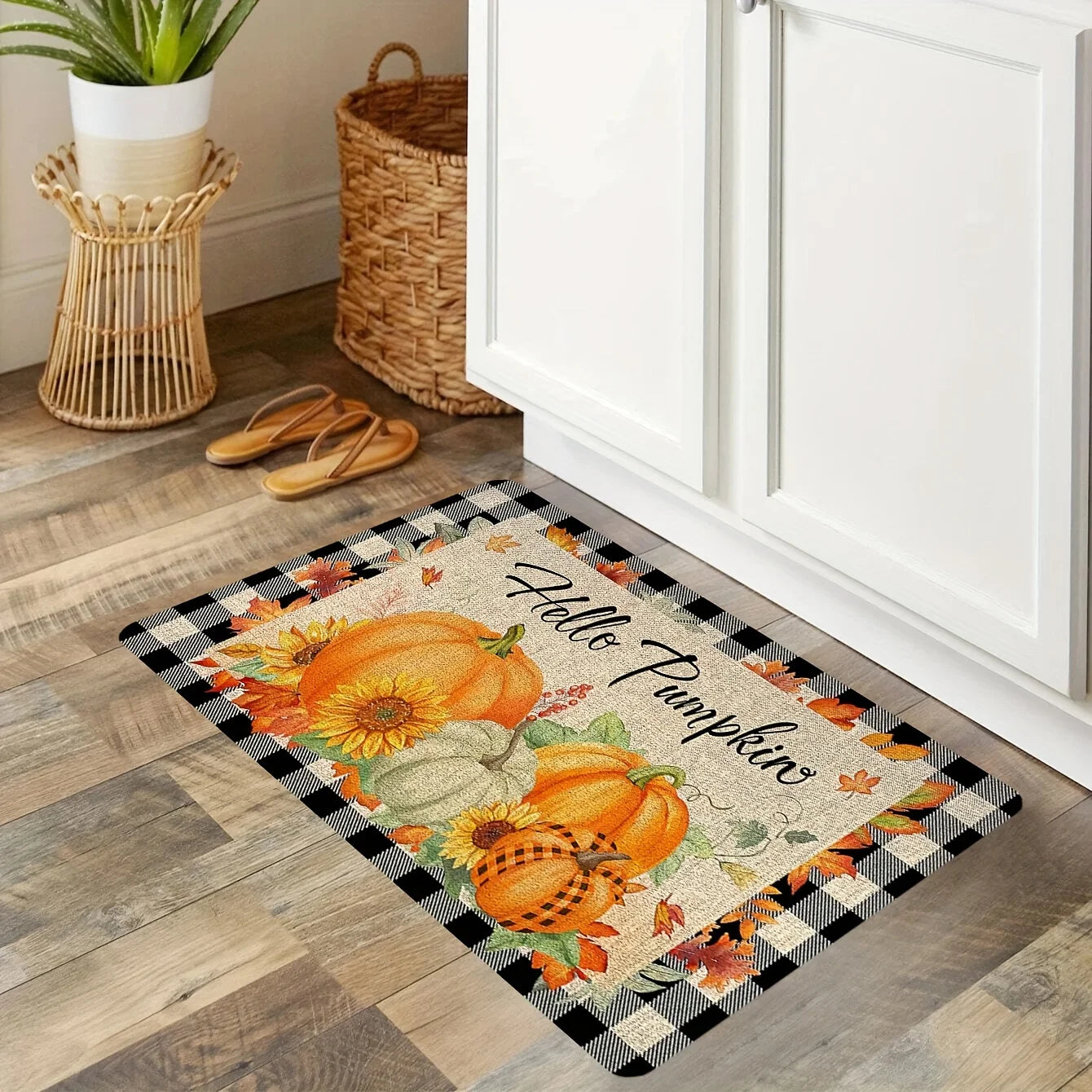 Autumn Pumpkin Maple Leaf Print Kitchen Floor Mat Fall Thanksgiving Rugs Home Decor Dining Room Laundry Room Non-slip Carpets