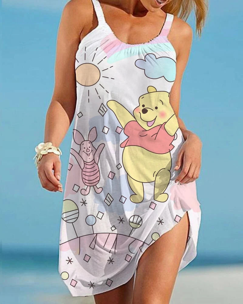 Summer Disney Winnie the Pooh Mini Dress Sexy Spaghetti Strap Backless Dress Beach Ruffle Sleeveless Sundress Women Party Dress