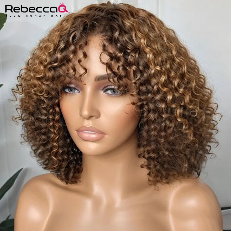 Short Curly Bob Human Hair Wigs With Bangs Full Machine Made Wigs Highlight Honey Blonde Colored Wigs For Women Cheap Remy Hair