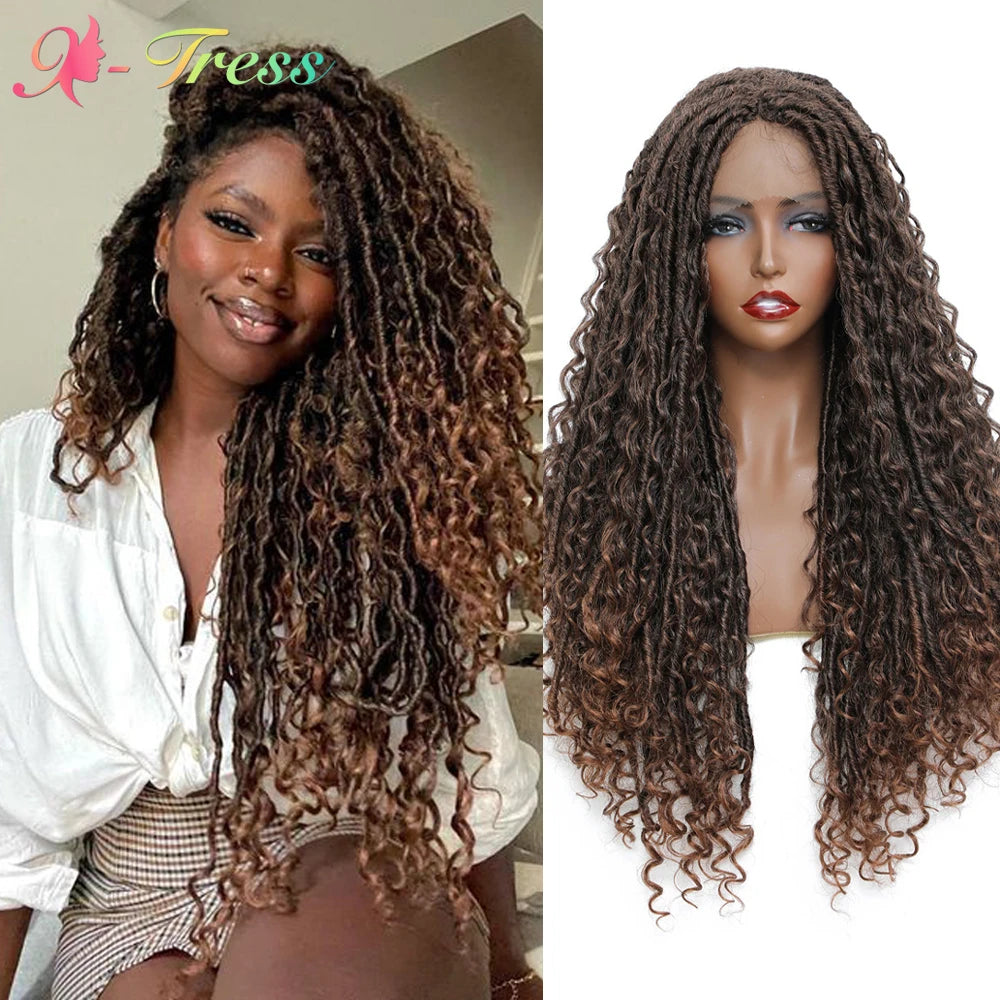 X-TRESS Braided Wigs Lace Front Wig for Black Women 28 Inch Ombre Brown Faux Locs Crochet Hair With Curly Synthetic Lace Wigs