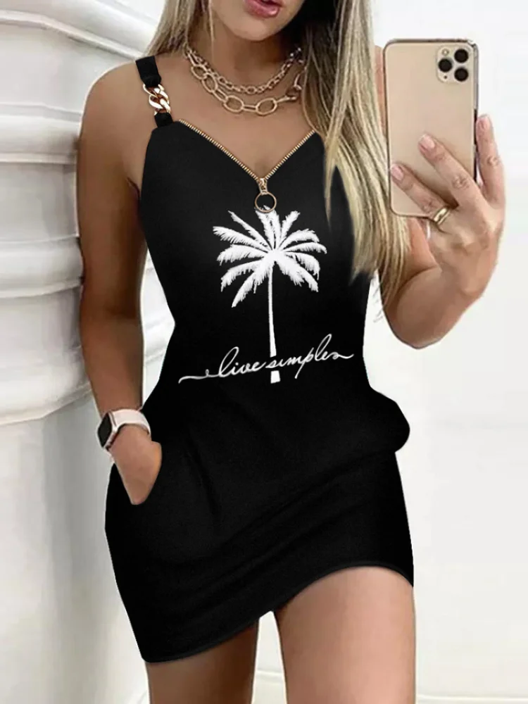 Women's Dresses Summer Fashion Coconut Tree Print Chain Decor Casual V-Neck Sleeveless Mini Straight Dress DF4985