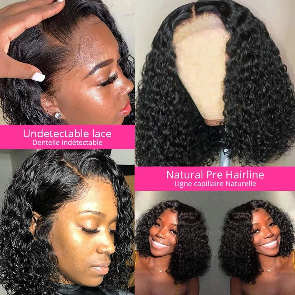 Brazilian Deep Curly Bob Hair Wigs Natural Black Color Brazilian HD Lace Front Part 13x6 Transparent T Lace Highlight Hair Wigs