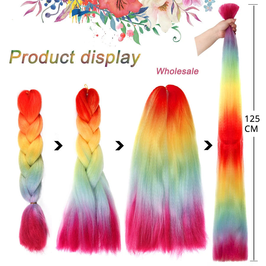 24'' 100G Synthetic Jumbo Braiding Hair Ombre Rainbow Hair Extensions Festival Jumbo Crochet Hair Weaving Box Braids Hairpieces