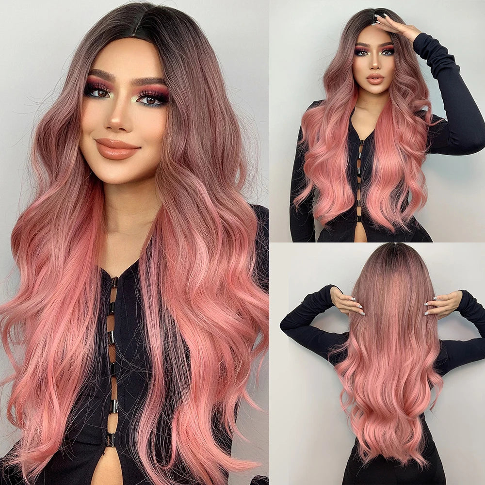 ALAN EATON Ombre Pink Synthetic Wigs Middle Part Long Body Wavy Wig for Girls Women Party Cosplay Heat Resistant Fiber Pink Wigs