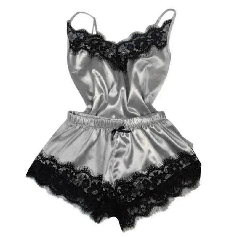 New Women's Pajamas Silk Sexy Pajama Set Black Lace V-Neck Pajama Suspender Top and Shorts Lace Pajama Set Home Underwear Dress