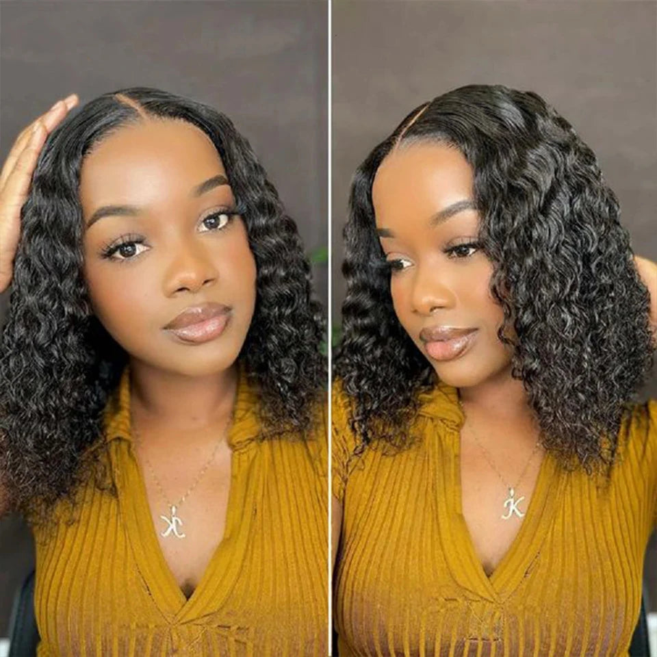 Brazilian Deep Curly Bob Hair Wigs Natural Black Color Brazilian HD Lace Front Part 13x6 Transparent T Lace Highlight Hair Wigs