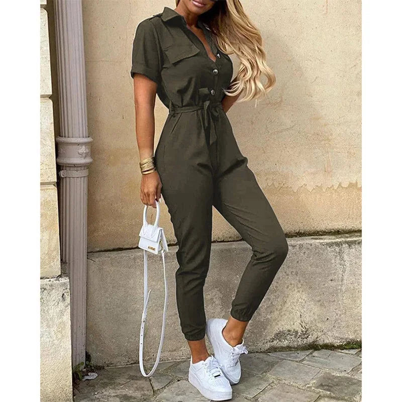 Women's Monochromatic Belt Workwear Jumpsuit, Casual Pants, Flip Collar, Buckle, European and American, Summer, 2023