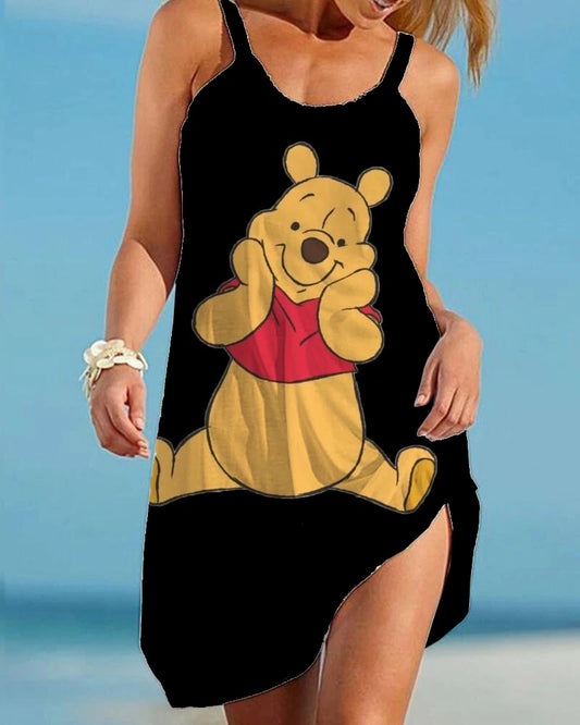 Summer Disney Winnie the Pooh Mini Dress Sexy Spaghetti Strap Backless Dress Beach Ruffle Sleeveless Sundress Women Party Dress