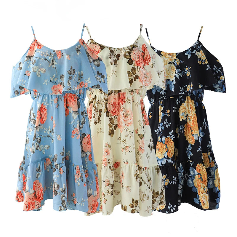 Women Printed Off Shoulder Slip Dress Ruffle Strap Mini Dress Summer Beach Dress 2024 Woman Floral Backless Short Dresses