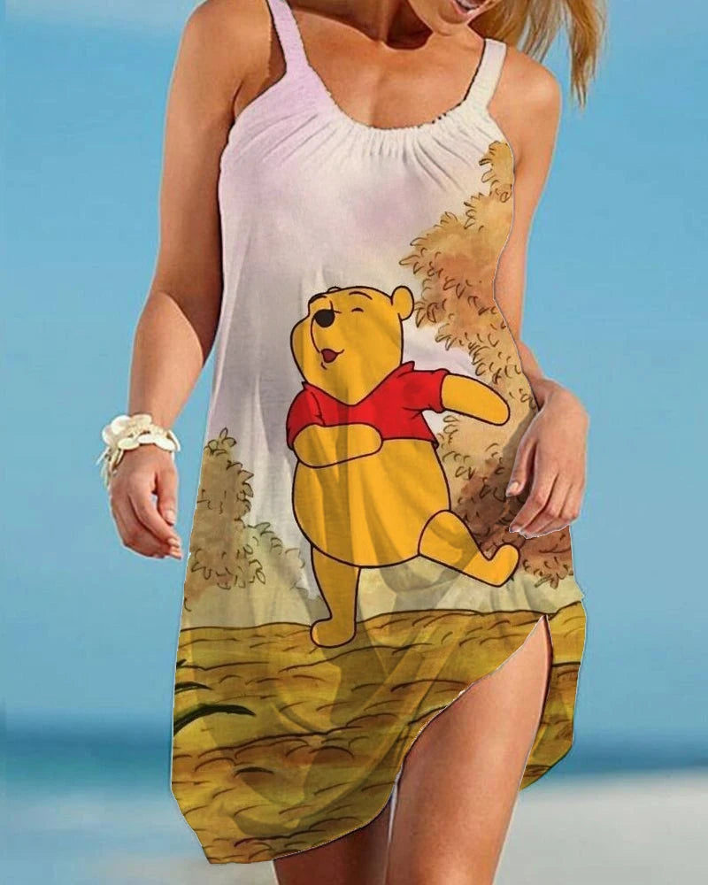 Summer Disney Winnie the Pooh Mini Dress Sexy Spaghetti Strap Backless Dress Beach Ruffle Sleeveless Sundress Women Party Dress