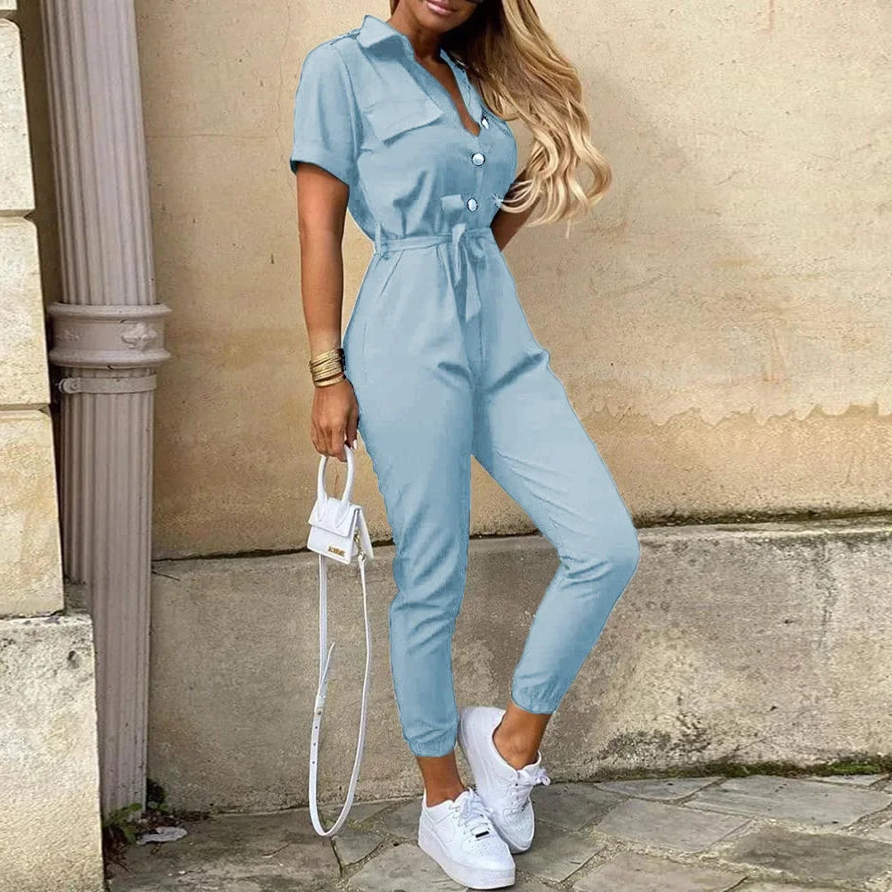 Women's Monochromatic Belt Workwear Jumpsuit, Casual Pants, Flip Collar, Buckle, European and American, Summer, 2023