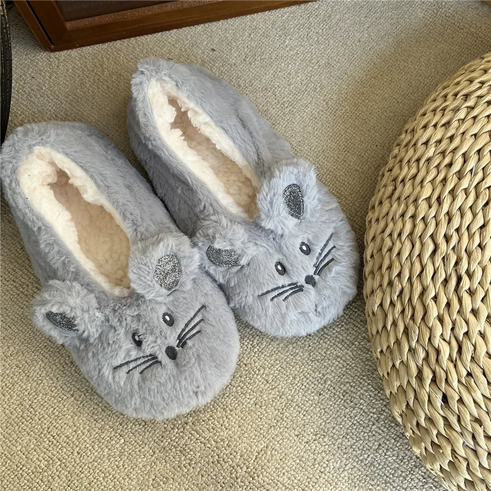 Home Fuzzy Slipper Women Winter Fur Contton Warm Plush Non Slip Grip Indoor Fluffy Lazy Female Mouse Ears Floor Shoe Living room