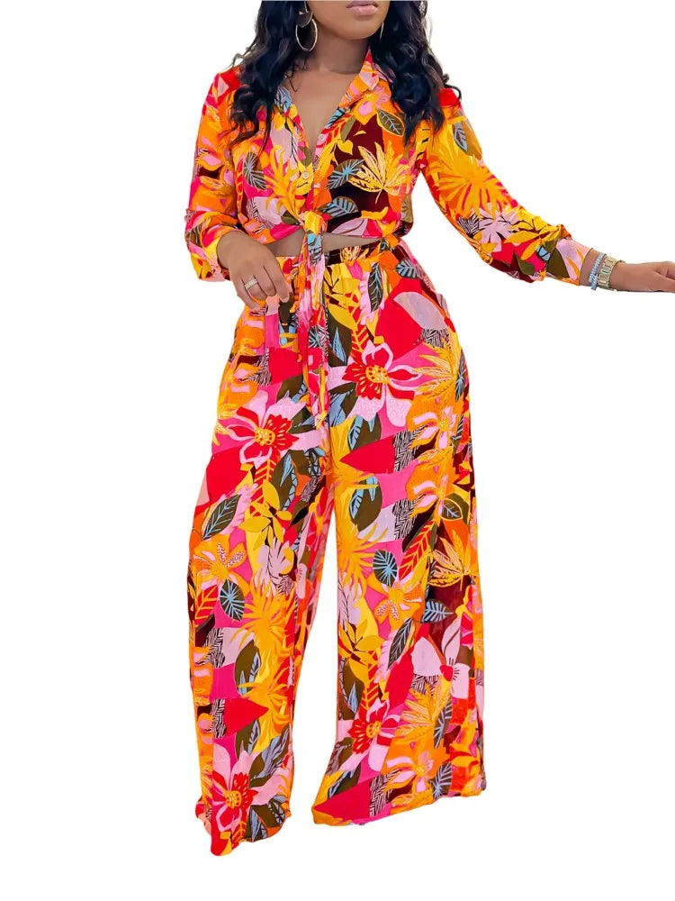 2024 Spring Summer New Long Sleeved Printed Suit For Women Fashion Lapel Single Breasted Shirt Wide Leg Trousers Two Piece Set