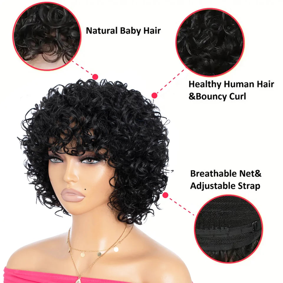 Short Curly Bob Wigs Human Hair Full Machine Made Wig Natural Black Glueless Wigs Human Hair 10 Inch Pixie Cut Short Bob Wigs