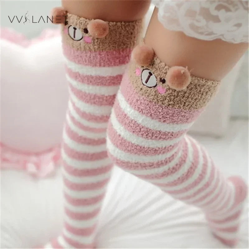 Japanese Mori Girl Animal Modeling Knee Socks Striped Cute Compression Autumn Winter Warm Sock Kawaii Cozy Long Thigh High Socks