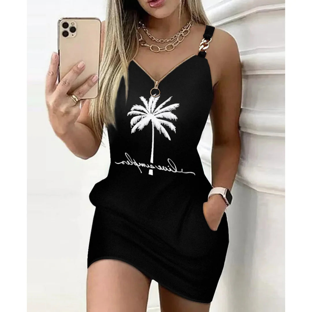 Women's Dresses Summer Fashion Coconut Tree Print Chain Decor Casual V-Neck Sleeveless Mini Straight Dress DF4985