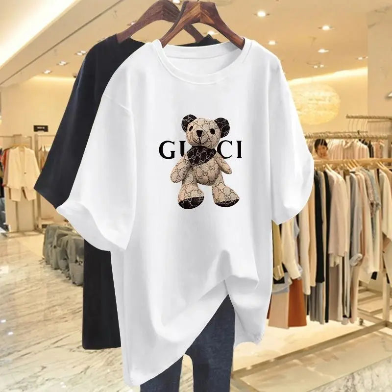 Women Fashion Animal Printing T-shirt Summer Casual Loose 100 Cotton Basic Top Tee Office Lady Oversized Pullover 40-105Kg