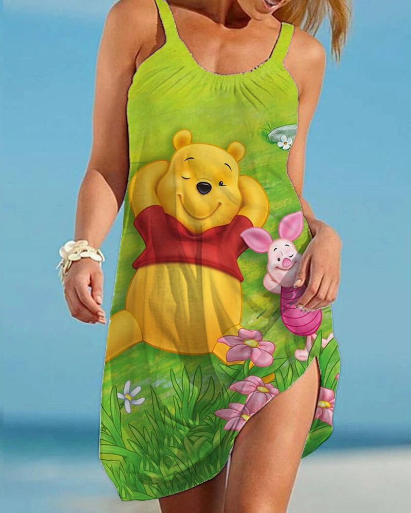 Summer Disney Winnie the Pooh Mini Dress Sexy Spaghetti Strap Backless Dress Beach Ruffle Sleeveless Sundress Women Party Dress