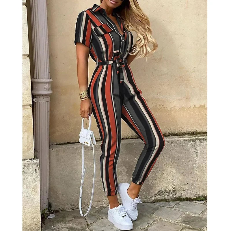 Women's Monochromatic Belt Workwear Jumpsuit, Casual Pants, Flip Collar, Buckle, European and American, Summer, 2023