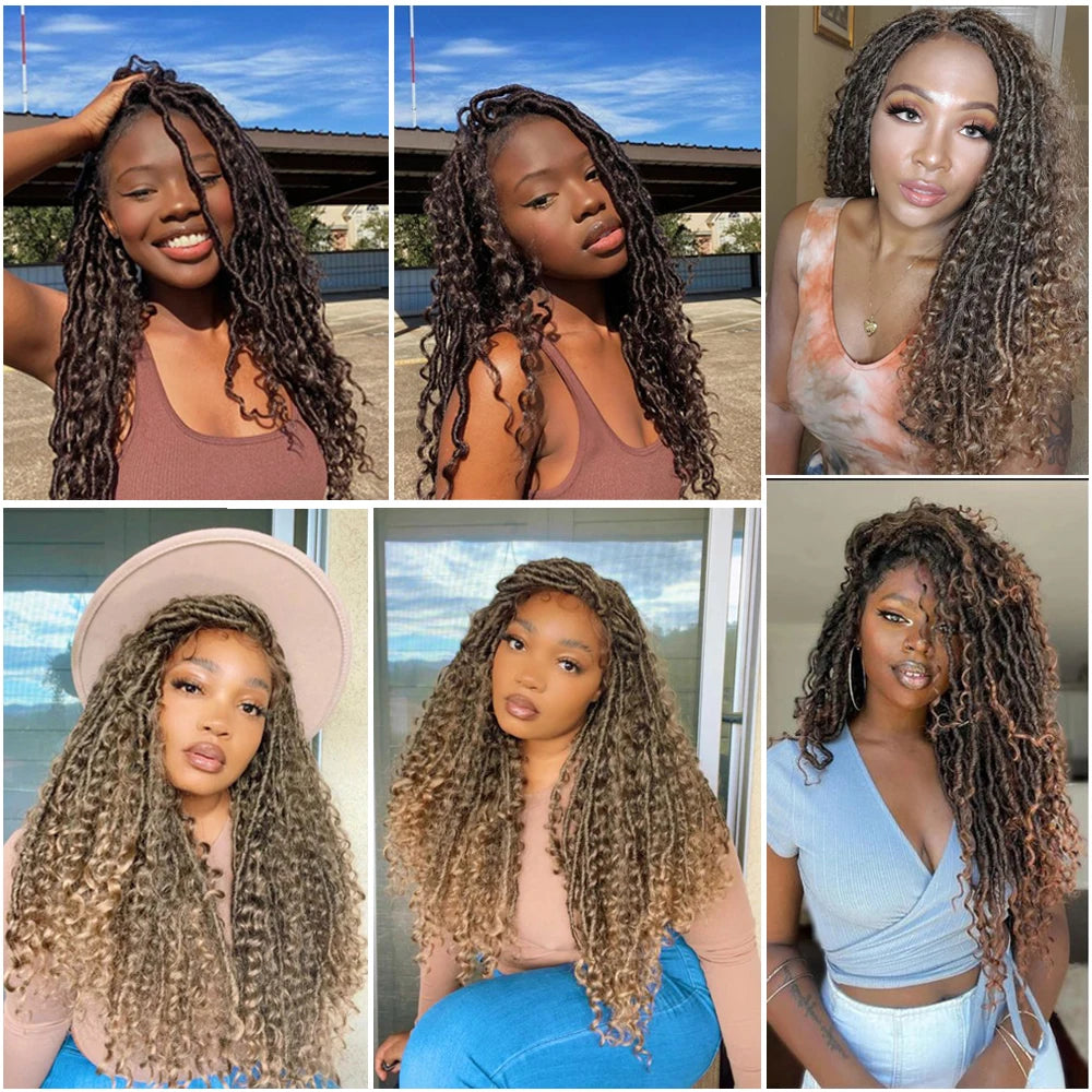 X-TRESS Braided Wigs Lace Front Wig for Black Women 28 Inch Ombre Brown Faux Locs Crochet Hair With Curly Synthetic Lace Wigs