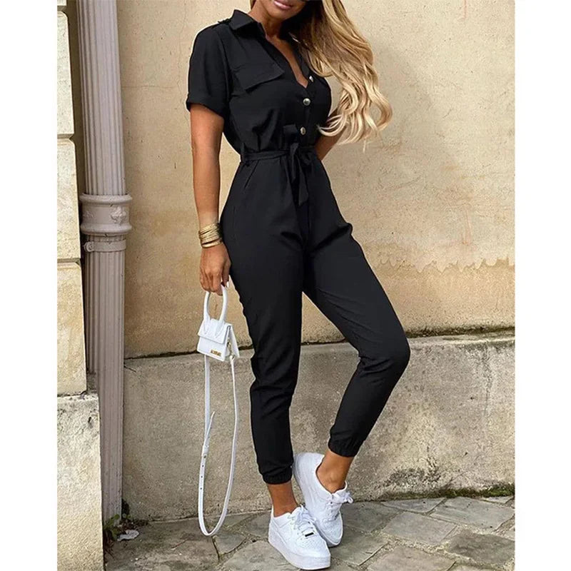 Women's Monochromatic Belt Workwear Jumpsuit, Casual Pants, Flip Collar, Buckle, European and American, Summer, 2023