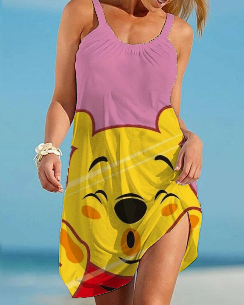 Summer Disney Winnie the Pooh Mini Dress Sexy Spaghetti Strap Backless Dress Beach Ruffle Sleeveless Sundress Women Party Dress