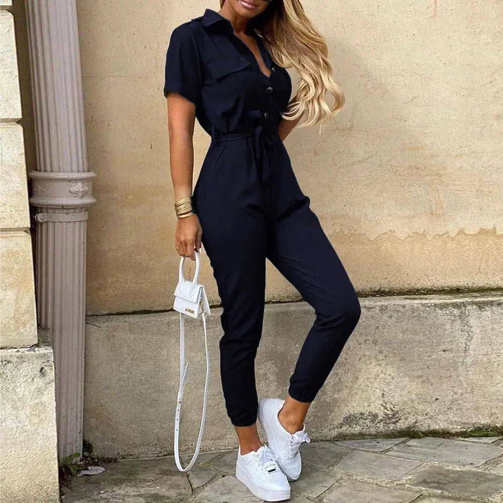 Women's Monochromatic Belt Workwear Jumpsuit, Casual Pants, Flip Collar, Buckle, European and American, Summer, 2023