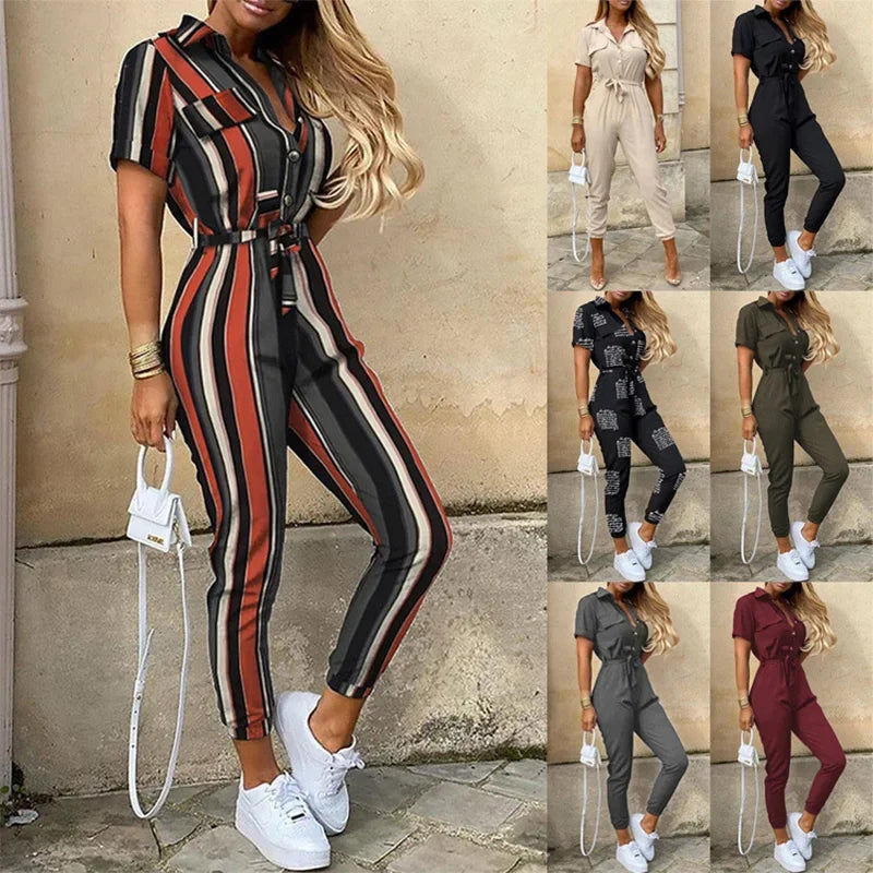 Women's Monochromatic Belt Workwear Jumpsuit, Casual Pants, Flip Collar, Buckle, European and American, Summer, 2023