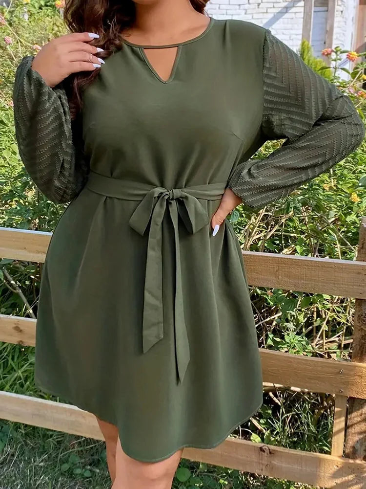 Mugen Plus Size Dress Solid Color 2024 Women's Clothing Dresses Stitching Keyhole Neck Elegant Dress Long Sleeves For Spring