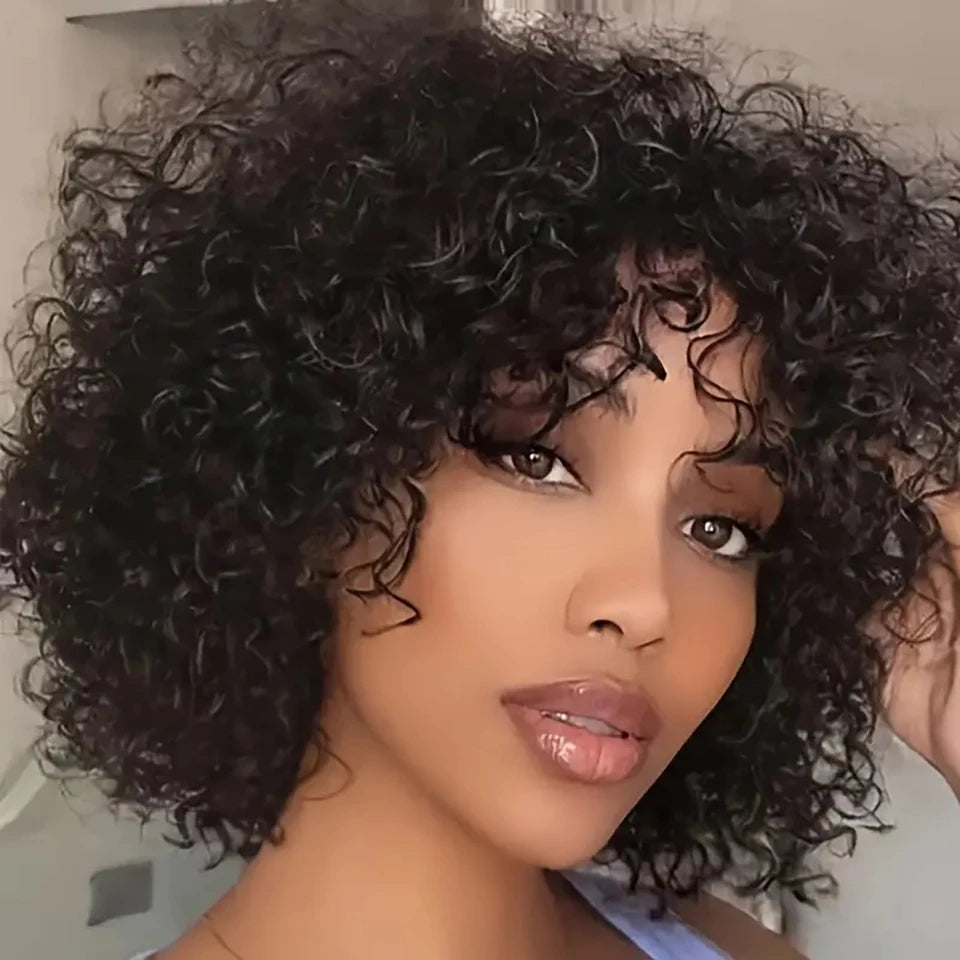 Short Curly Bob Wigs Human Hair Full Machine Made Wig Natural Black Glueless Wigs Human Hair 10 Inch Pixie Cut Short Bob Wigs