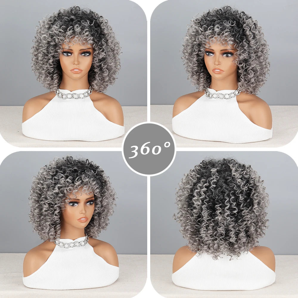 Synthetic High Heat Resistant Material  Afro Kinky Curly Wigs With Bangs For  Silver Gray Wig Cosplay Heat Resistant Fiber