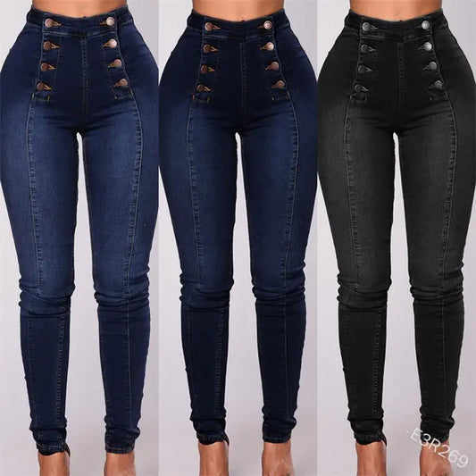 Women Elegant Vintage Stretch Bodycon Jeans Fashion Casual Double Breasted High Waist Skinny Denim Pants Trousers