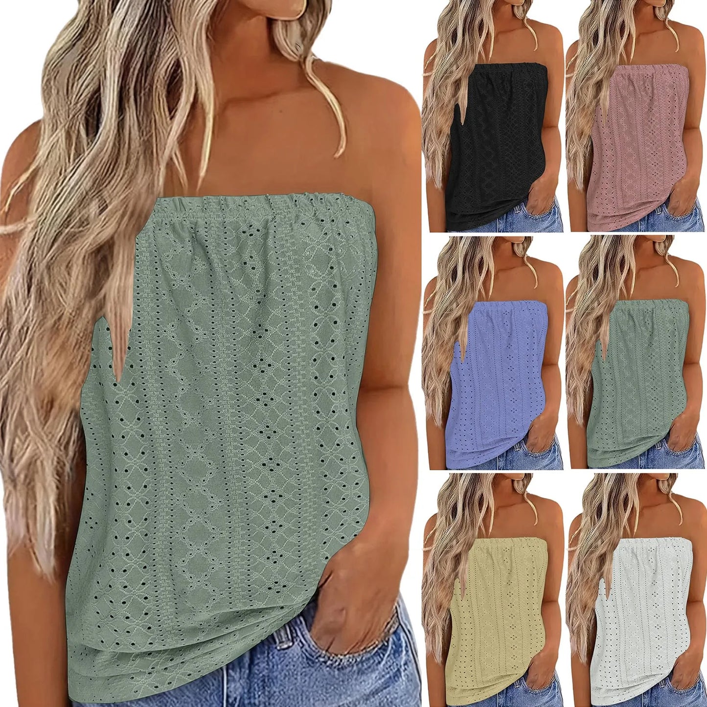 Casual Summer Hollow Out V Neck Sleeveless Tube Tops For Women Fashion Elegant Loose Tank Tops Solid Tunic Pullover