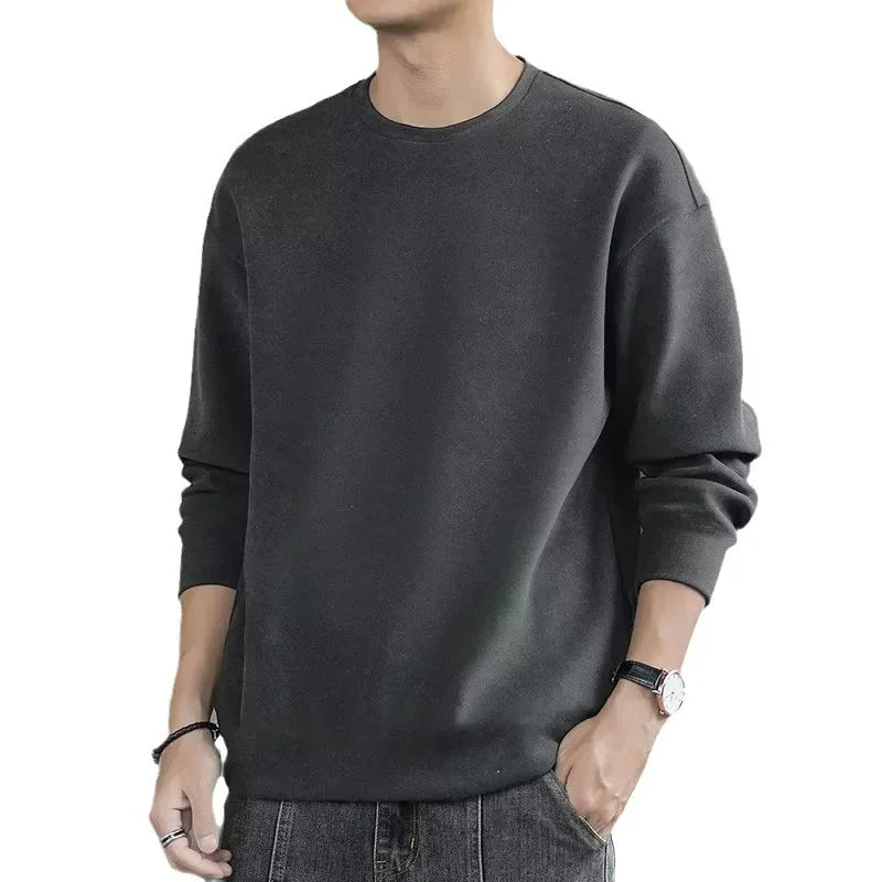 Double-sided Fleece Long Sleeve T-shirt For Men Autumn Winter New Style Round Neck Loose-fit Top Inner Warm Base Layer