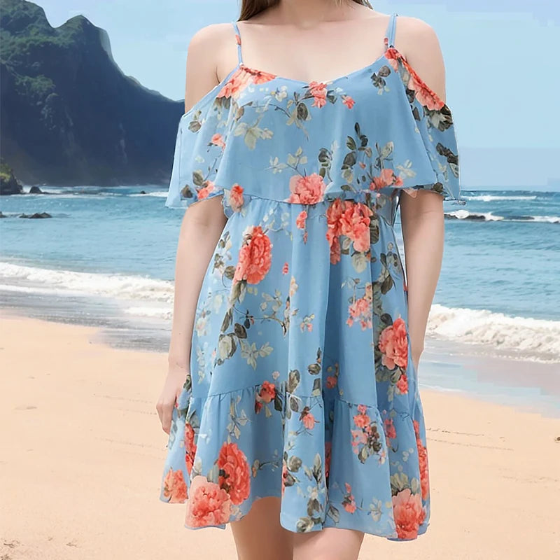 Women Printed Off Shoulder Slip Dress Ruffle Strap Mini Dress Summer Beach Dress 2024 Woman Floral Backless Short Dresses