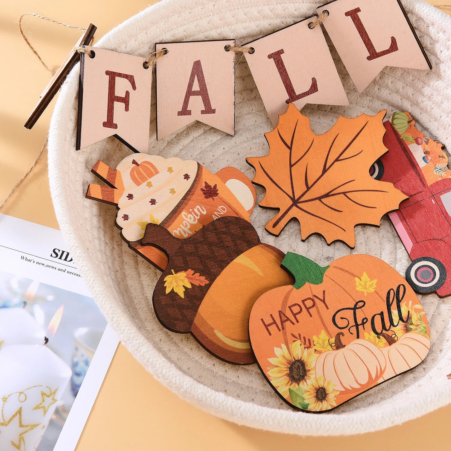 Home Decor Pumpkin Fall Tiered Tray Maple Leaves Decorative Ornaments Signs Happy Autumn Truck Acorn Creative Wooden Tabletop