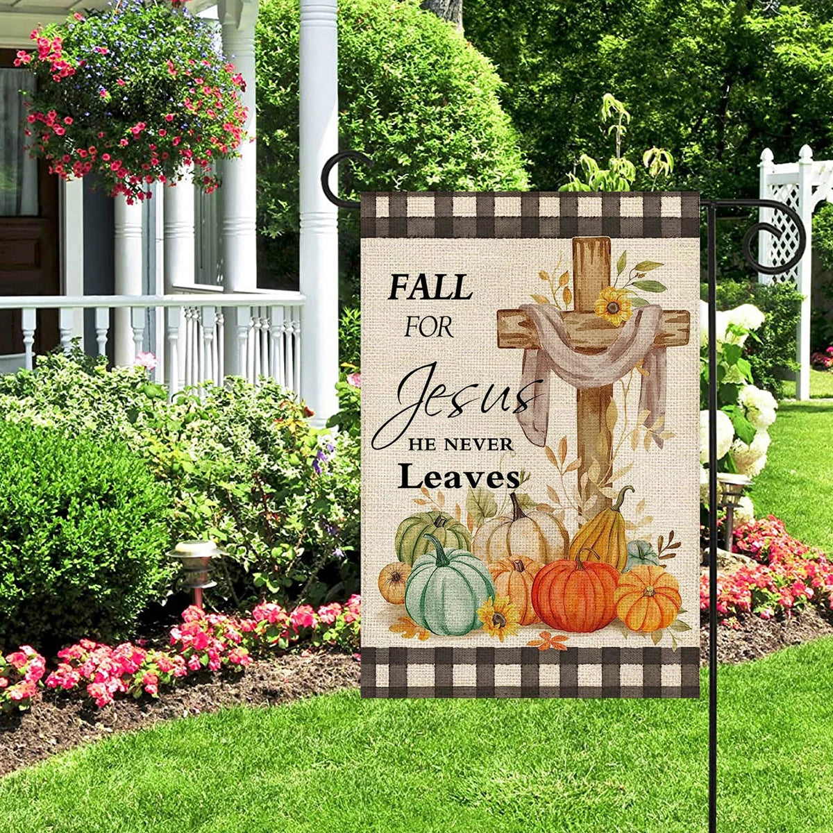 1PC  Fall For Jesus He Never Leaves Pattern Linen Cotton Garden Flag Banner Indoor Outdoor Home Garden Hanging Decor