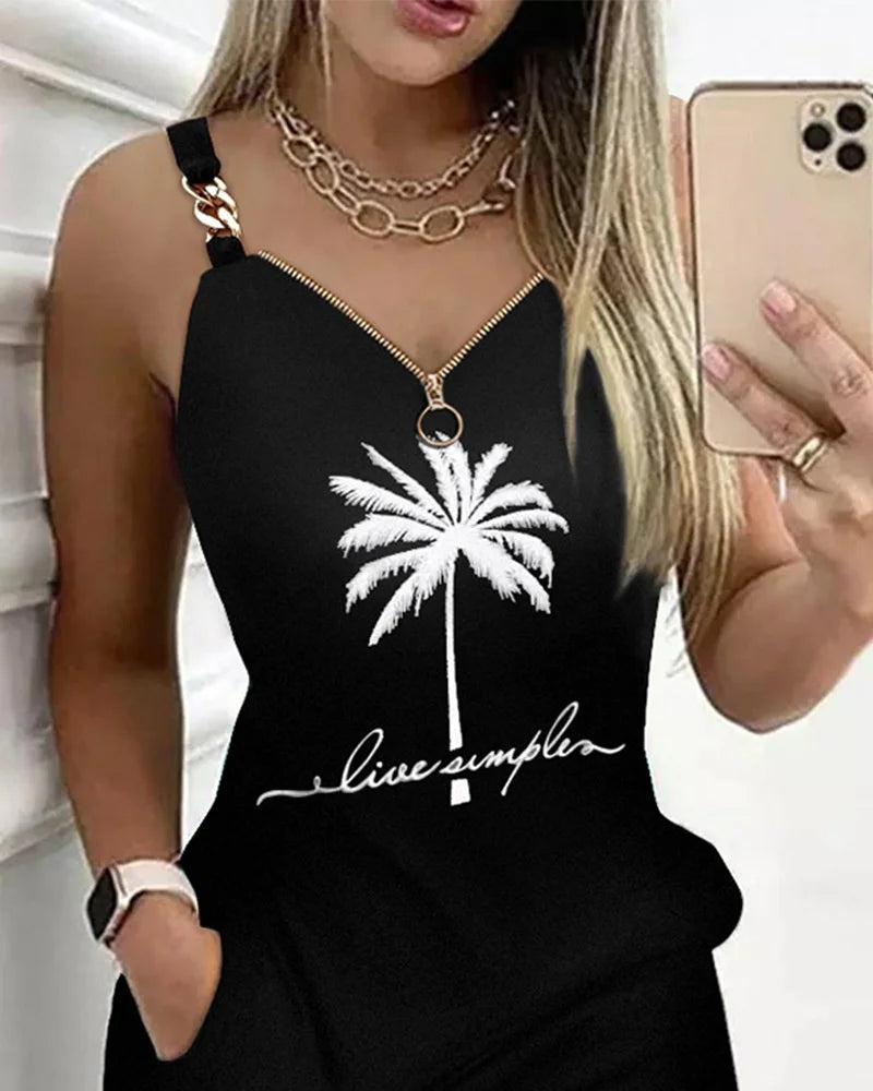 Women's Dresses Summer Fashion Coconut Tree Print Chain Decor Casual V-Neck Sleeveless Mini Straight Dress DF4985