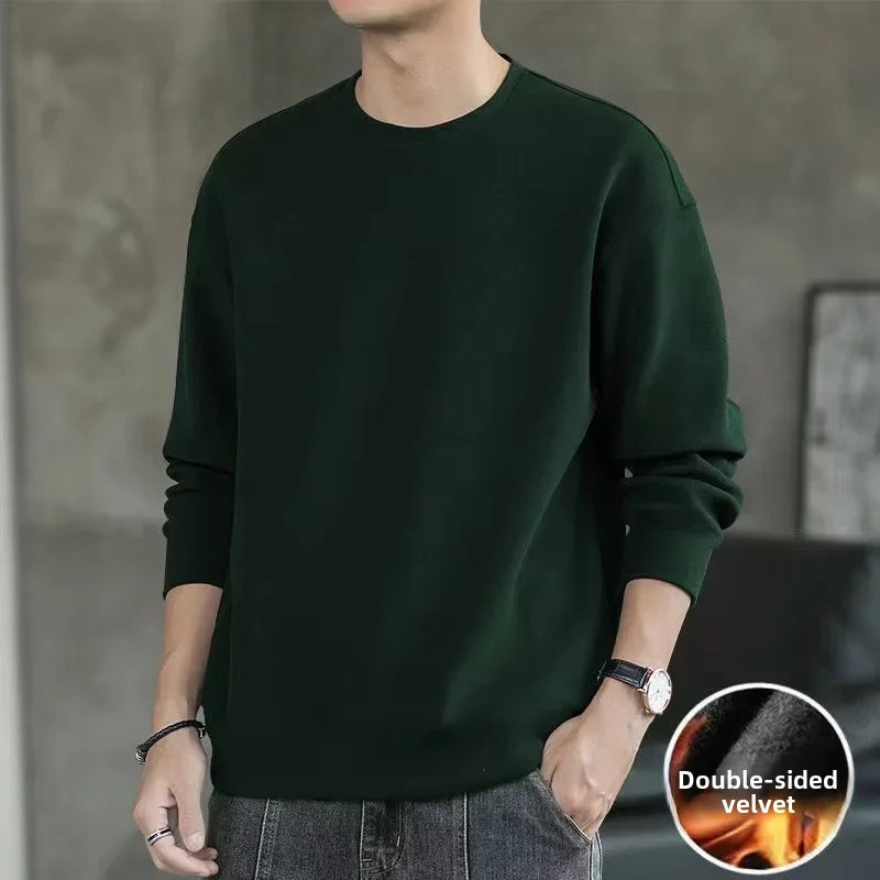 Double-sided Fleece Long Sleeve T-shirt For Men Autumn Winter New Style Round Neck Loose-fit Top Inner Warm Base Layer