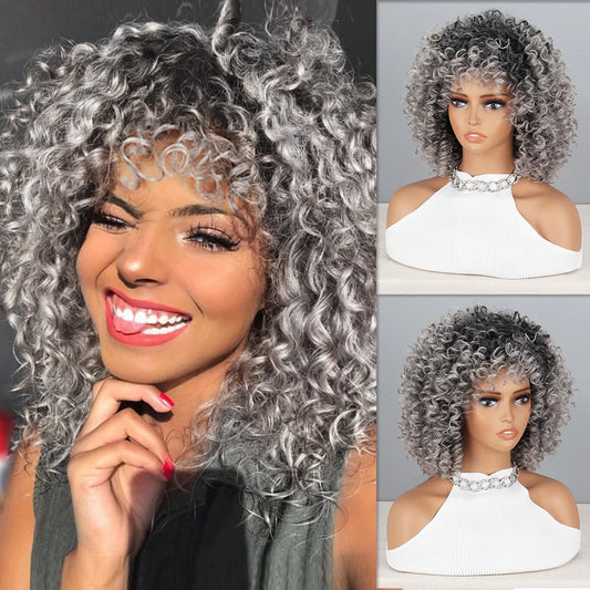 Synthetic High Heat Resistant Material  Afro Kinky Curly Wigs With Bangs For  Silver Gray Wig Cosplay Heat Resistant Fiber