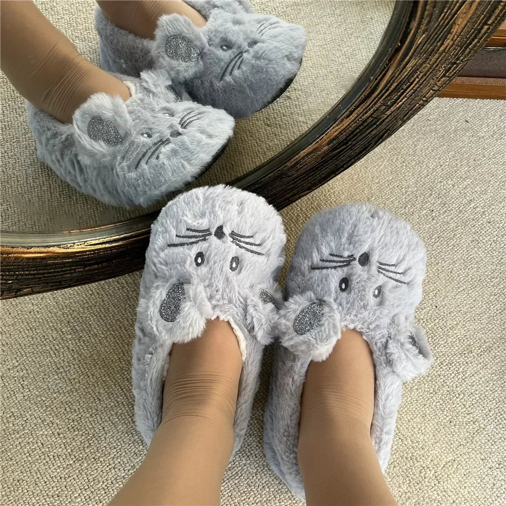 Home Fuzzy Slipper Women Winter Fur Contton Warm Plush Non Slip Grip Indoor Fluffy Lazy Female Mouse Ears Floor Shoe Living room